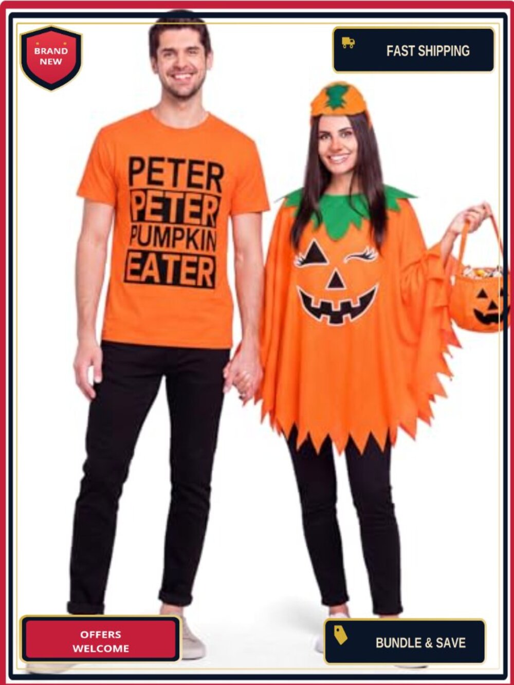 4 Pc Couples Halloween Pumpkin Costume Poncho T Shirt Headband Candy Bag Adult